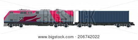 Locomotive with Cargo Container on Railroad Platform CargoTrain Isolated on White Background Railway and Container Transport