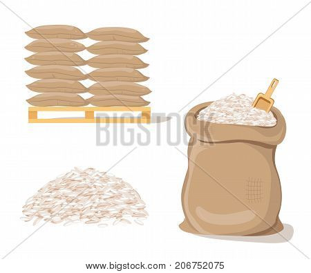 Bags on pallet. Sack with pile of  rice. Vector illustration flat design