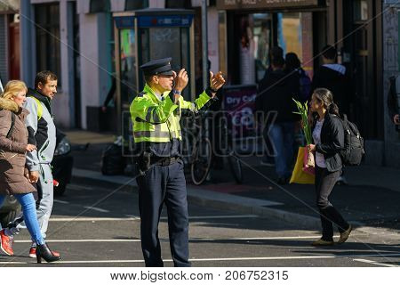 Dublin, Ireland - 30 September 2017: Garda - Irish police officers on the motorcycle, patrolling Dublin streets during March for Choice in Dublin city centre