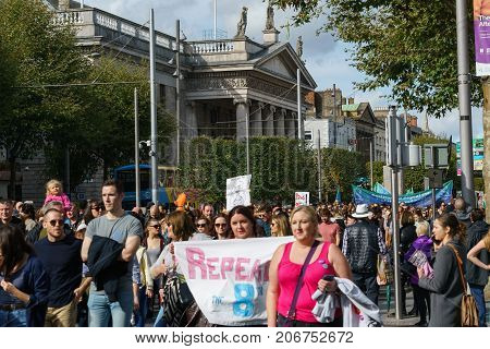 Dublin, Ireland- 30 September 2017: March For Choice by the Abortion Rights Campaign (ARC). The demonstrators marched through Dublin city centre calling for the Eighth Amendment to be removed