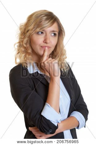 Caucasian Secretary with blue blazer sloves a problem on isolated white background for cut out
