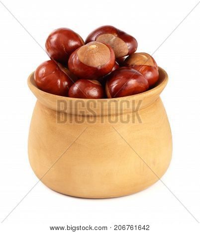 chestnut in a wooden bowl isolated on white background.