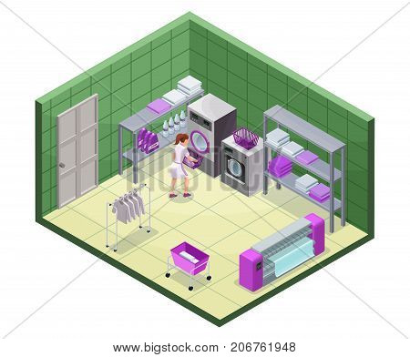 Laundry service isometric 3d illustration with washing and ironing machines, laundress, baskets, detergent, vector interior of clothes cleaning service