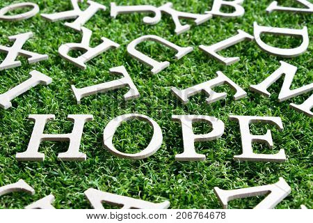 Wood alphabet in wording hope on artificial green grass background