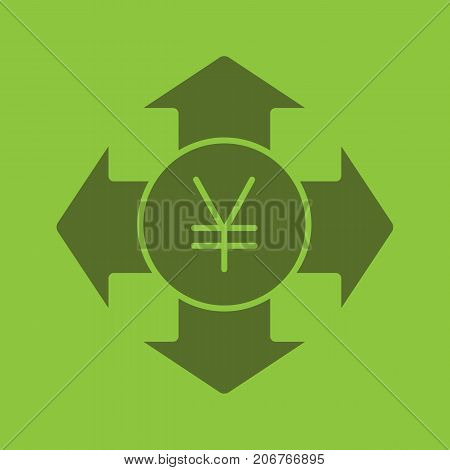 Money spending glyph color icon. Expanses. Silhouette symbol. Japanese yen with all direction arrows. Negative space. Vector isolated illustration