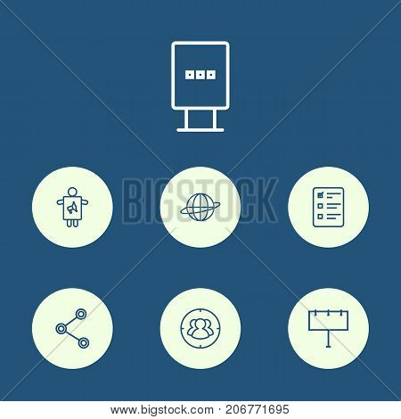 Collection Of Brand Awareness, Client Brief, Stand Elements.  Set Of 7 Advertising Outline Icons Set.