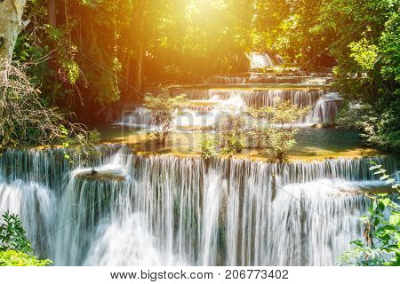 Huay mae khamin waterfall in khuean srinagarindra national park at kanchanaburi thailand