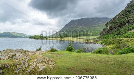 A landscape view of Crummock Water one of the lakes in the Lake District Cumbria United Kingdom.