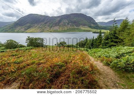 A landscape view of Crummock Water one of the lakes in the Lake District Cumbria United Kingdom.