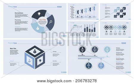 Business planning design template set for slide template, presentation, annual report. Management concept. Donut chart, cube charts, option chart, scatter plot, bar graph, process diagram
