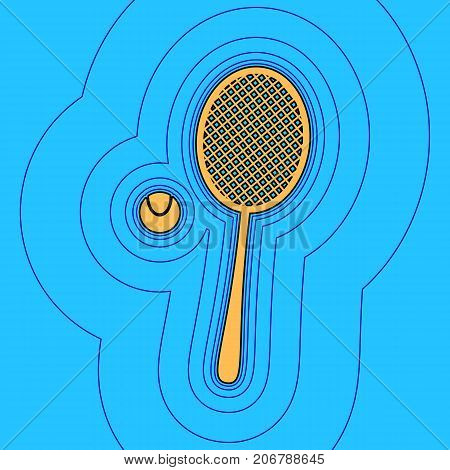 Tennis racquet with ball sign. Vector. Sand color icon with black contour and equidistant blue contours like field at sky blue background. Like waves on map - island in ocean or sea.