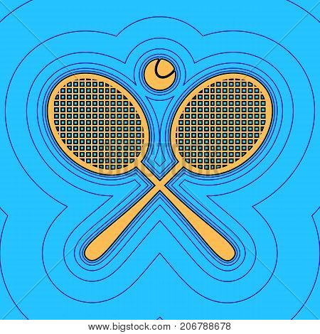 Two tennis racket with ball sign. Vector. Sand color icon with black contour and equidistant blue contours like field at sky blue background. Like waves on map - island in ocean or sea.
