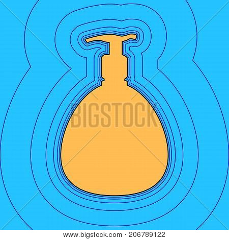 Gel, Foam Or Liquid Soap. Dispenser Pump Plastic Bottle silhouette. Vector. Sand color icon with black contour and equidistant blue contours like field at sky blue background. Like waves on map - island in ocean or sea.