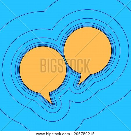Two speech bubble sign. Vector. Sand color icon with black contour and equidistant blue contours like field at sky blue background. Like waves on map - island in ocean or sea.