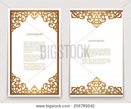 Vintage gold rectangle frames with ornate borders on white, golden scroll embellishment, vector decoration for greeting card or invitation design