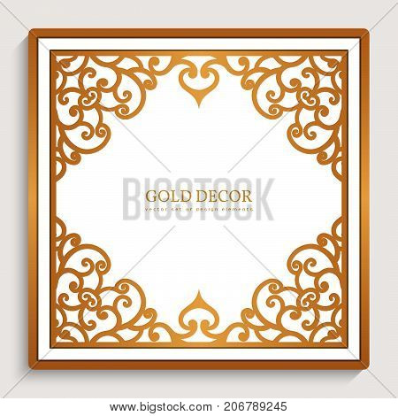 Vintage gold background, square golden frame with filigree border pattern, swirly decoration for greeting card or invitation design