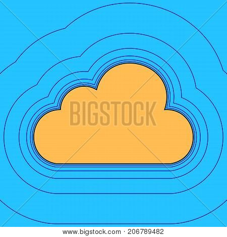 Cloud sign illustration. Vector. Sand color icon with black contour and equidistant blue contours like field at sky blue background. Like waves on map - island in ocean or sea.