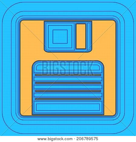 Floppy disk sign. Vector. Sand color icon with black contour and equidistant blue contours like field at sky blue background. Like waves on map - island in ocean or sea.