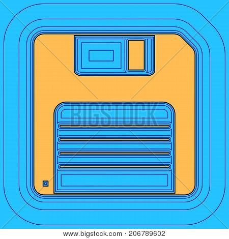 Floppy disk sign. Vector. Sand color icon with black contour and equidistant blue contours like field at sky blue background. Like waves on map - island in ocean or sea.