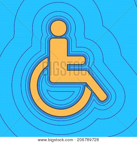 Disabled sign illustration. Vector. Sand color icon with black contour and equidistant blue contours like field at sky blue background. Like waves on map - island in ocean or sea.