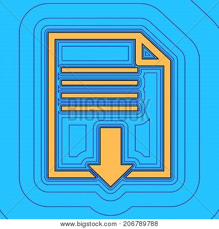 File download sign. Vector. Sand color icon with black contour and equidistant blue contours like field at sky blue background. Like waves on map - island in ocean or sea.