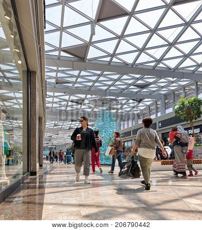Istanbul Turkey - April 15 2017: Interior of Aqua Florya Shopping and Life Center suited in Florya neighborhood Bakirkoy with people visiting the place at the morning