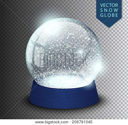 Snow globe empty template isolated on transparent background. Christmas magic ball. Realistic Xmas snowglobe vector illustration. Winter in glass ball crystal dome icon snowflake and blue stand.