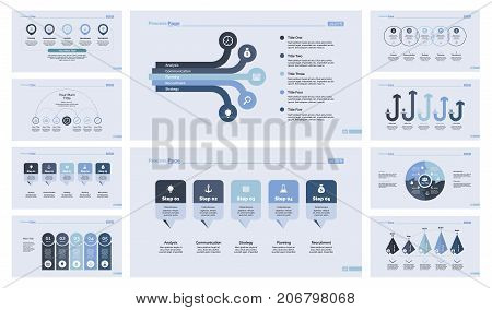 Flowchart and process chart set for presentation, annual report, workflow layout. Management concept. Flowchart, process chart, option chart, arrow graph, donut graph, timing and date graph