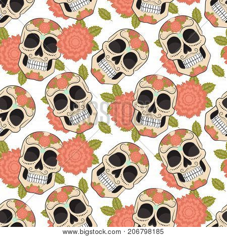 Seamless with sugar skulls. The vector version. Day of the dead. Isolated white background.