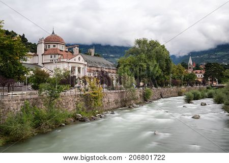 Kurhaus of Meran at the Passer river South Tyrol Italy