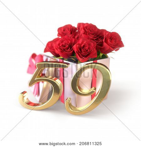 birthday concept with red roses in gift isolated on white background. 3D render - fifty-nineth birthday. 59th