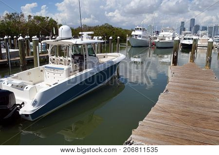 Sport fishing boat moored at a marina on Key Biscayne,Florida