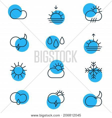 Editable Pack Of Sunrise, Rain, Windstorm And Other Elements.  Vector Illustration Of 12 Sky Icons.