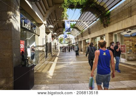 Jerusalem Israel - May 05 2017: Mamilla Mall Alrov Mamilla Avenue shopping street open-air mall in Jerusalem Israel on October 3 2016