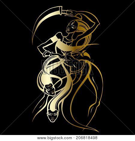Kali. Hindu Goddess of Time, Creation, Destruction and Power. Dancing woman in traditional ethnic style. Vector Hand drawn Illustration.