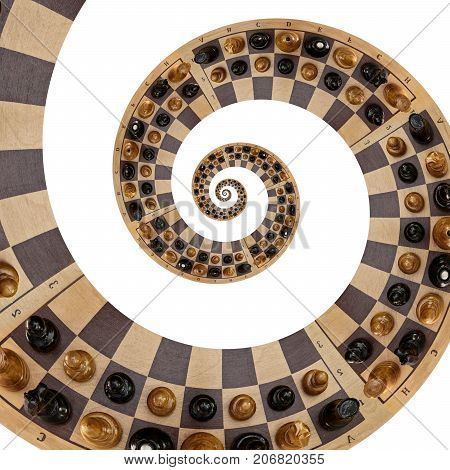Isolated on white abstract wooden chess desk white black figures mix spiral effect. Chess wooden board abstract spiral fractal Surreal chess board figures spiral background pattern fractal effect