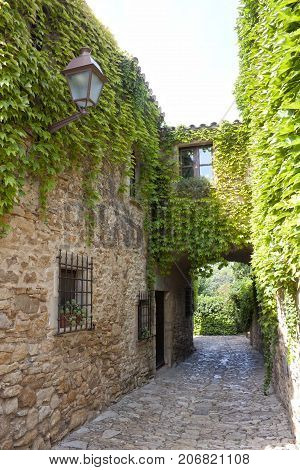 Narrow Street, Stone Pavement Full Of Ivy In Peratallada, Spain