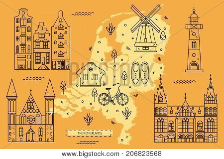 The Netherlands map in flat line design with famous attractions, symbols and decoration. Vector illustration of Holland territory for tourist guides and books, banners, flyers, covers and backgrounds.