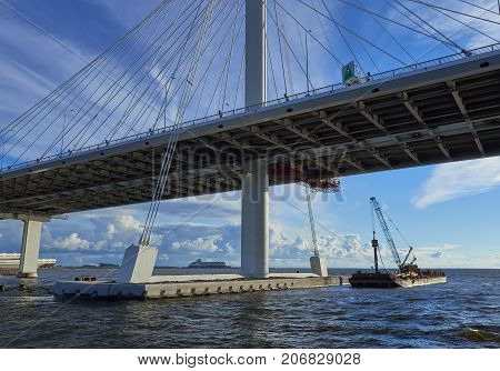 SAINT-PETERSBURG RUSSIA - JULY 20 2017: View of the cable bridge through the western high-speed diameter in St. Petersburg.