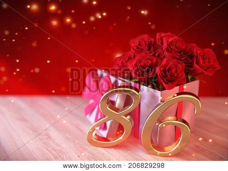 birthday concept with red roses in gift on wooden desk. 3D render - eightysixth birthday. 86th