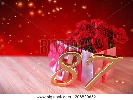 birthday concept with red roses in gift on wooden desk. 3D render - eighty-seventh birthday. 87th