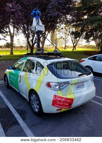 MOUNTAIN VIEW CA/USA - September 19 2017: Google Maps vehicle parked in front of one of Google buildings at Google campus in Mountain View California. This vehicle is used to take photographs of streets for a feature called Street View in Google Maps.