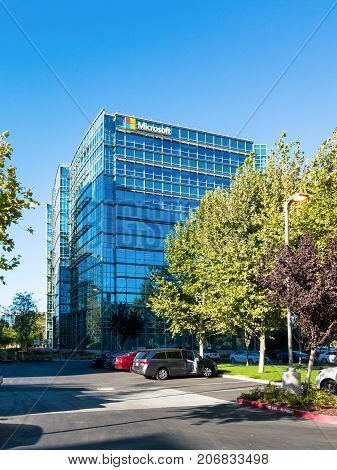 SUNNYVALE CA/USA - September 26 2017: Microsoft building in Sunnyvale California USA at the end of a working day with only a few cars parked in front.
