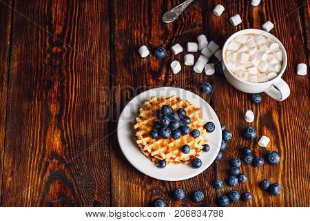 Homemade Waffles on White Plate with Fresh Blueberry and Cup of Hot Chocolate with Marshmallow. Copy space on the Left Side.