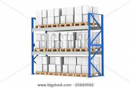 Lager Regale. Palettenregal, voll. Isolated On White. Teil eines blauen Lager und Logistik Seri