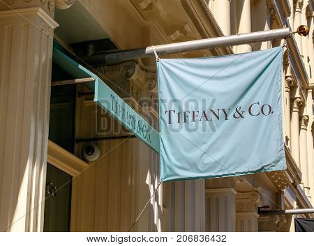 New York September 25 2017: Tiffany's banner is suspended above the entrance to their store in SoHo.