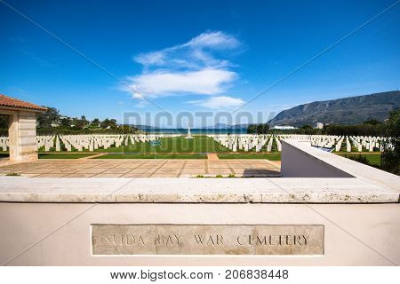 The allies cemetery of the second world war with the cross of remembrance, Souda Bay, Crete, Greece on June24, 2017.