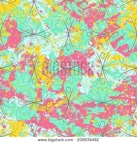 Vector geometric pattern in 1990s grunge style on bright watercolor splashes. Wavy stripes and hand drawn lines with splatters, shapes and brushstrokes. Bold vintage geometry print for sport fashion