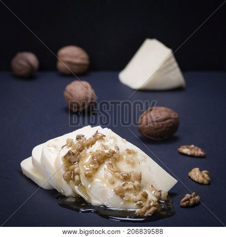 Suluguni Cheese, Walnut And Honey On Black Slate Platter