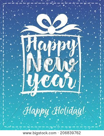 Christmas greeting card with white emblem consisting sign Happy New Year and gift isolated on snow holiday background blue cyan gradient style. Vector Illustration